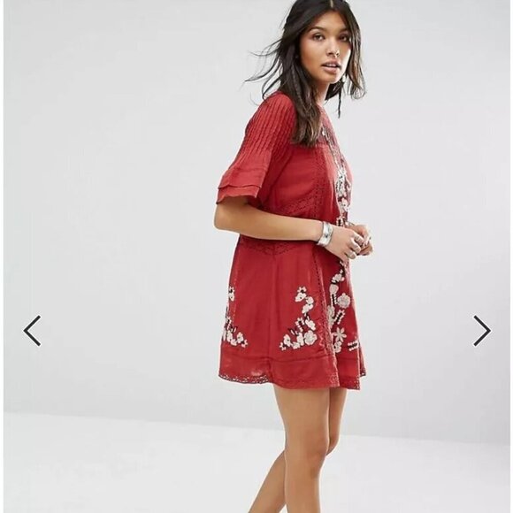 Free People Perfectly Victorian Embroidered Rust Mini Dress- Size Small-Red - Picture 4 of 16
